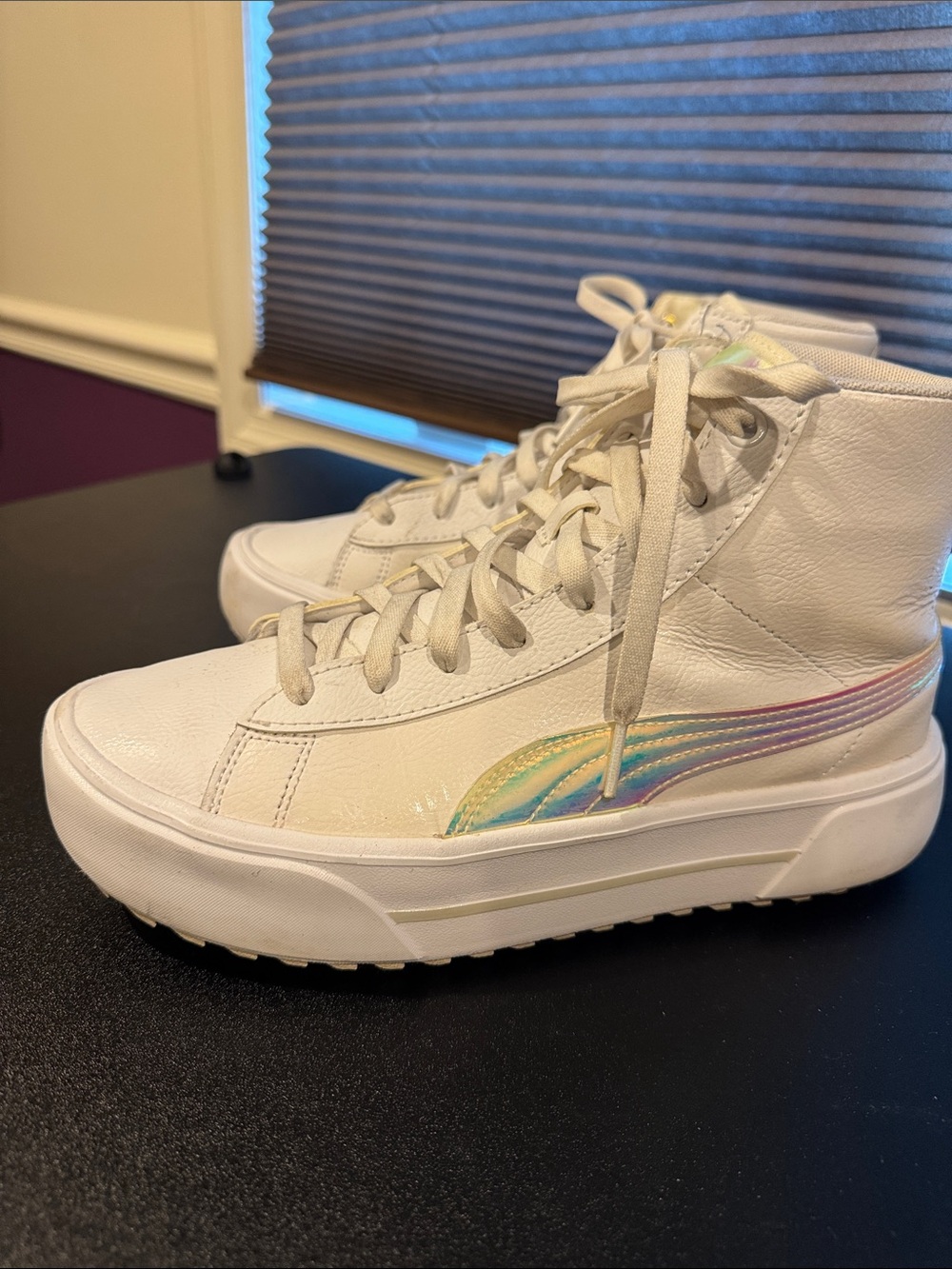 Puma White High-Top Sneakers with Iridescent Side Stripe